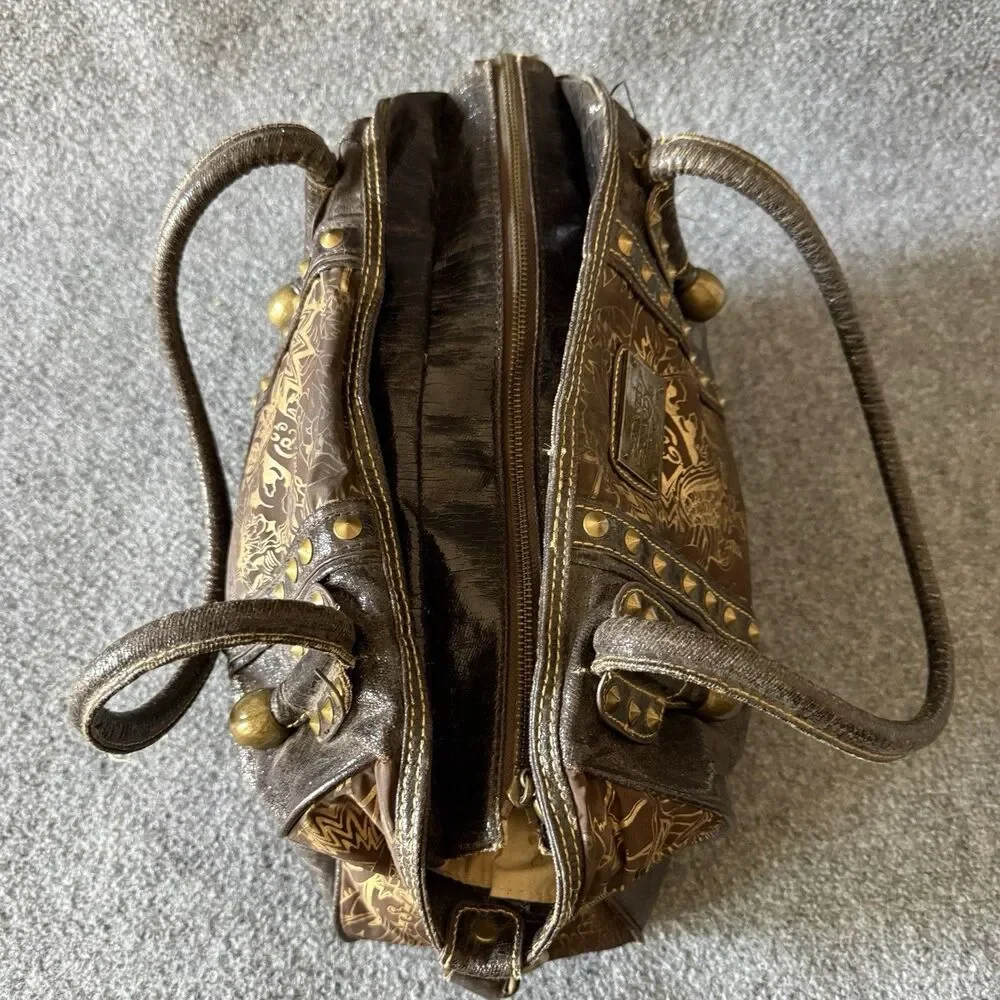 Y2k Ed Hardy 7820 Melrose Brown Studded Satchel Top Handle Bag Graphic Print - Picture 7 of 13